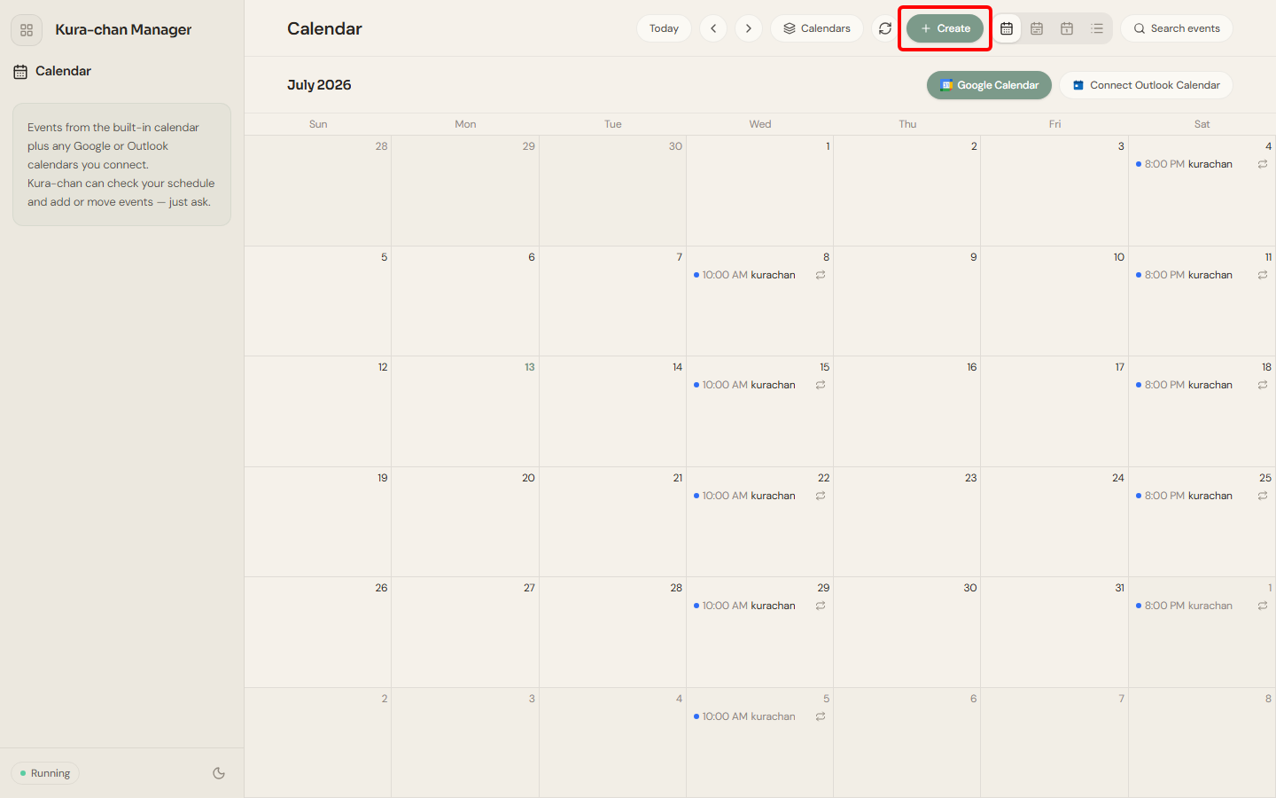 The Calendar page in the Dashboard