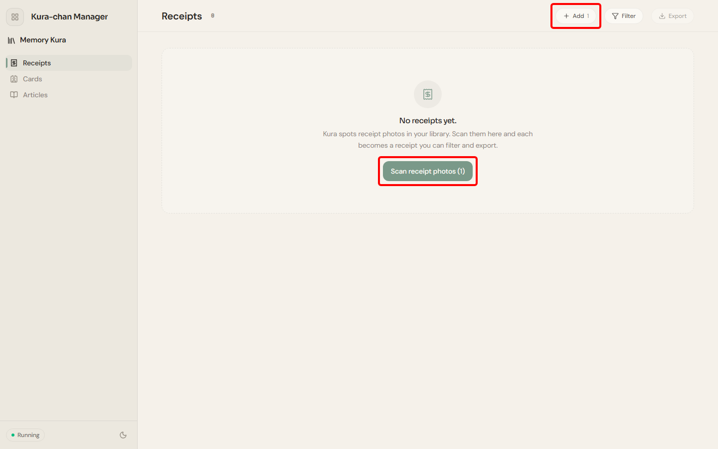 Receipts page: scan and add entry points