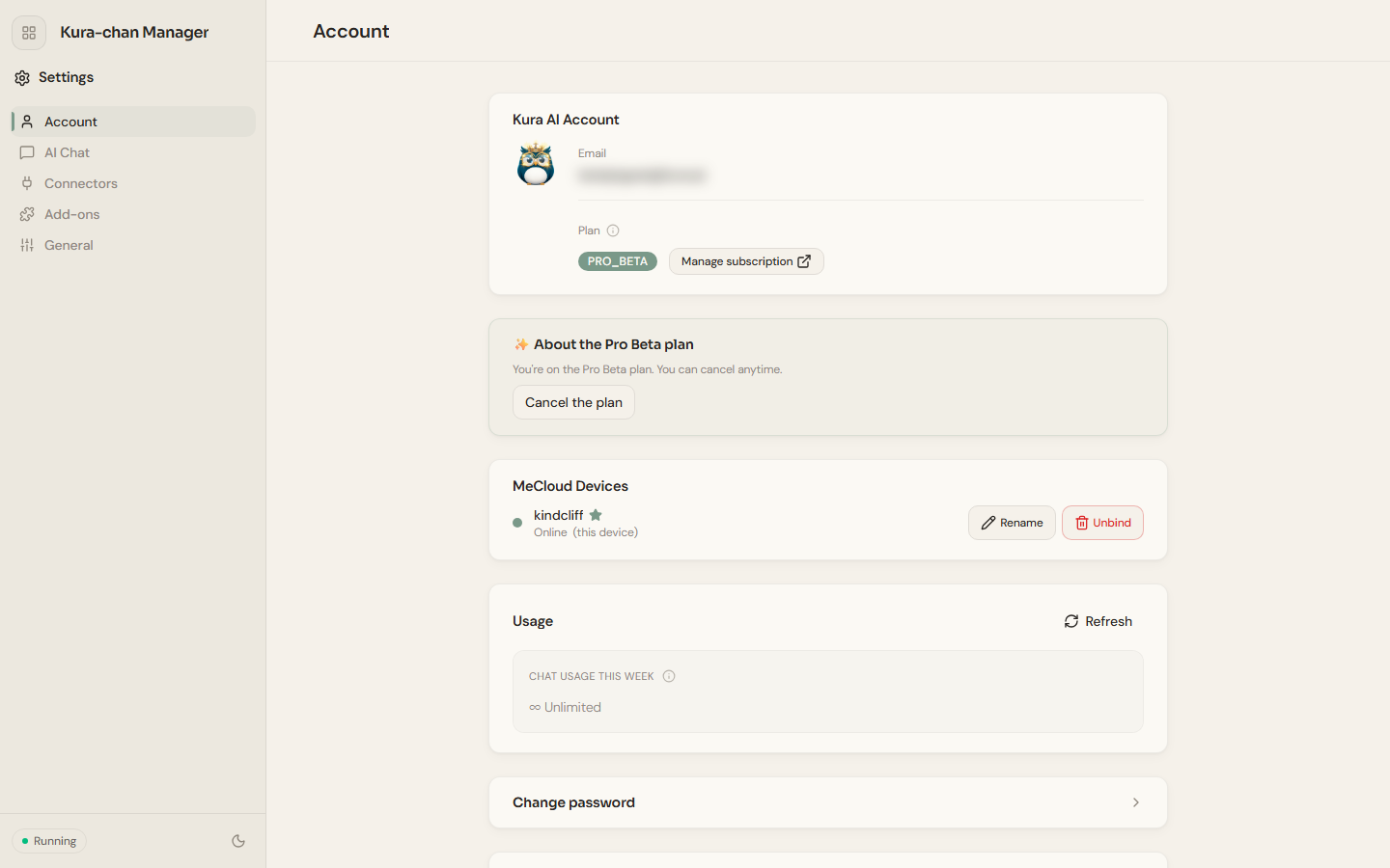 The Account page in the Dashboard