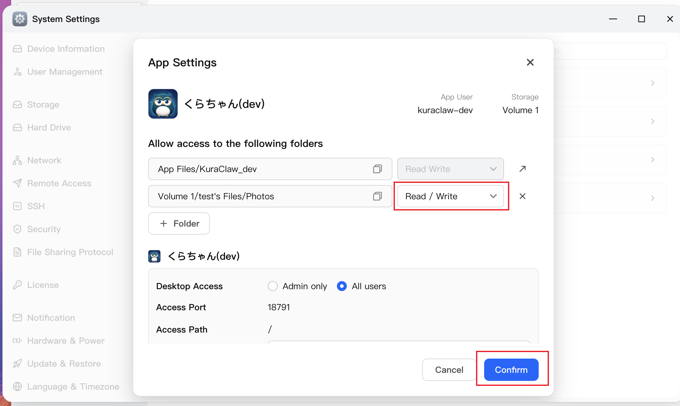 Set the permission to Read/Write and confirm