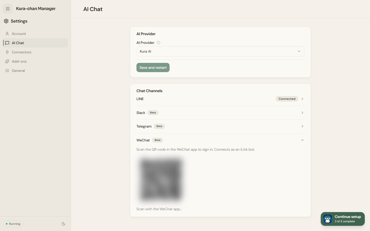 The WeChat QR code under Settings → AI Chat